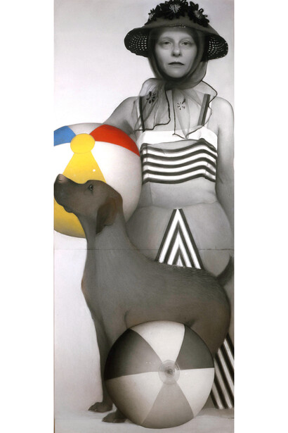 Susan Hauptman, Hair Self-Portrait with Dog, 2001, charcoal, pastel, and hair on paper, 94 x 40 1/2 inches © Susan Hauptman, Courtesy of Forum Gallery, New York