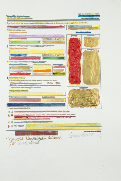 Conrad Atkinson, Conrad Atkinson’s Naturalization Form, 2009, giclee print, colored pencil, watercolor, glitter, oil, pastel on paper, 12 7/8 x 19 inches. Courtesy of Ronald Feldman Fine Arts, New York