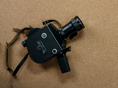 A retro-style filming camera