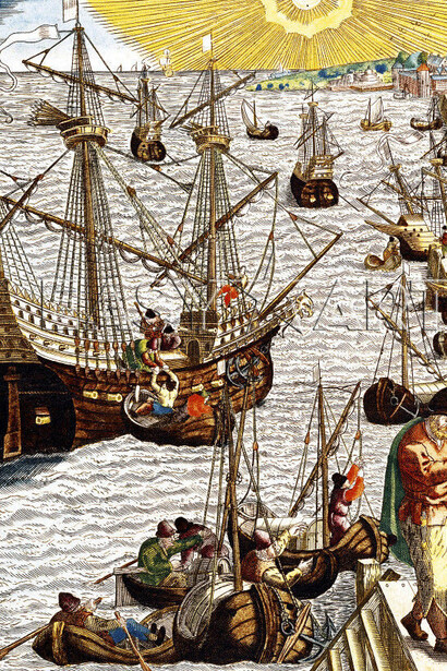 Partida de Lisboa para o Brasil, as Índias Orientais ea América, de "Americae Tertia Pars ..." Posters por Theodor de Bry