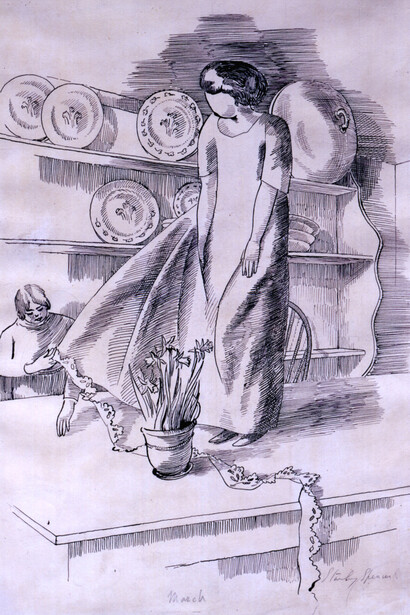 The Month of March/ Fitting Dress on Table, 1926 pen & ink on paper, 50.8 x 36.2 cm. Courtesy of Stanley Spencer Gallery