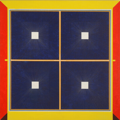 Mary Judge, Ariadne's Blues, 2014, flashe, graphite, white charcoal pencil on linen mounted on board, 48 x 48 inches

