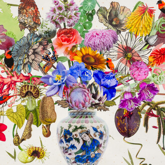 Jane Hammond, Persian vase with cup and saucer vine, clematis Rebecca and northern red bishop medium. Courtesy of Berggruen Gallery 