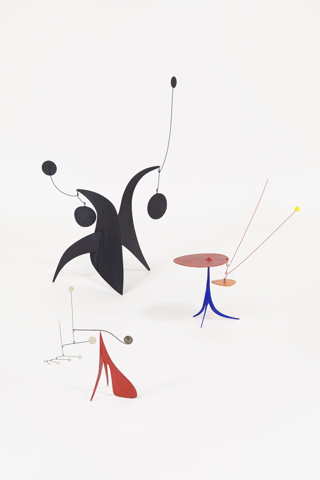 From Left to Right: Alexander Calder, Untitled, c. 1952, Painted sheet metal, wire, and brass, 13 3/8 x 11 13/16 x 4 3/4 inches (34 x 30 x 12 cm). Alexander Calder, Haverford Variation, 1944, Sheet metal, wire, and paint, 31 x 18 x 12 inches (78.8 x 45.7 x 30.5 cm). Alexander Calder, Red Toadstool, 1949, Sheet metal, wire, paint, 21 x 16 x 8 inches (53.3 x 40.6 x 20.3 cm). © 2015 Calder Foundation, New York / Artists Rights Society (ARS), New York Courtesy Dominique Lévy, New York