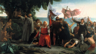 Dióscoro Puebla; Primer desembarco de Cristóbal Colón en América, 1862, Museo del Prado, España
