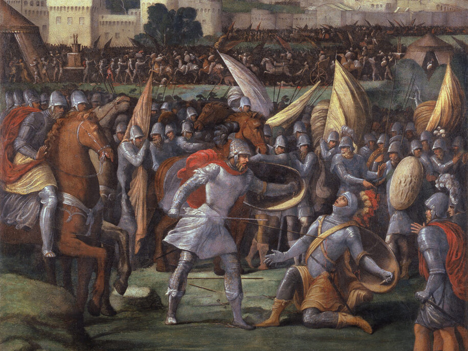 Nicolò Dell'Abate, Morte di Turno (Canto XII dell’Eneide), dettaglio, dipinto murale trasportato su tela , 115 x 86 cm