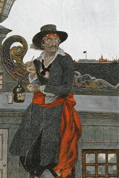Taken from Howard Pyle's Book of pirates, Illustration of a pirate. Courtesy of National Maritime Museum