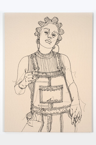 Gio Swaby, Self-portrait 6, 2023, 28x38 inches, cotton fabric and thread sewn on muslin. Courtesy of the artist and Claire Oliver Gallery