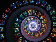 Spiraling stained glass windowed ceiling of the Thanks Giving Chapel in Dallas, Texas, USA recreates the Fibonacci sequence