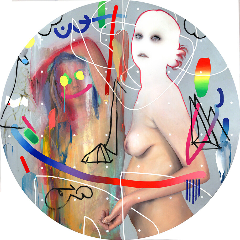 Erik , , 48. Diameter Watercolor, colored pencil, water-soluble was pastel, acrylic on Rives bfk paper mounted to panel