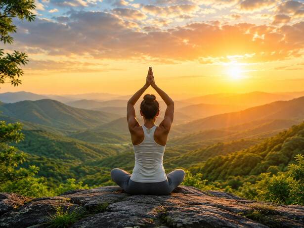 Meditating before the rising sun with hands joined overhead, representing awakening, consciousness, and inner light