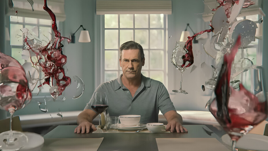 Jon Hamm portrays Andrew sitting amidst chaos, representing how the protagonist's life suddenly fell apart