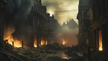 Flames engulf the ruins of a once-thriving city, capturing the brutal aftermath of a world built on domination rather than cooperation