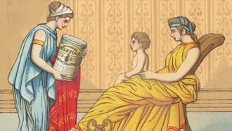 One woman stands holding a large can of food, as another woman and a child sit nearby