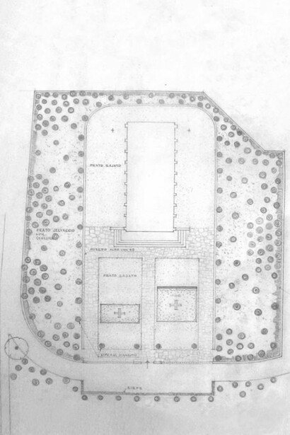 Pietro Fringuelli, Pietro Porcinai, Mausoleo dei 40 Martiri a Gubbio (Pg), pianta della sistemazione naturalistica di Pietro Porcinai (archivio Pietro Porcinai).