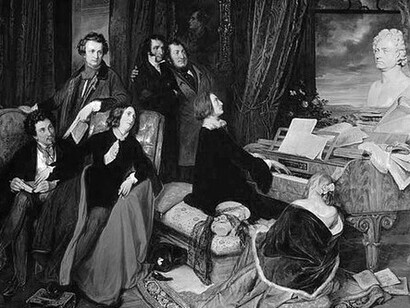 In this Romantic era depiction, the musicians and artists are dressed in bold, creative outfits that mirror their push against classical constraints, with fashion becoming as much an expression of inner emotion as their music and art
