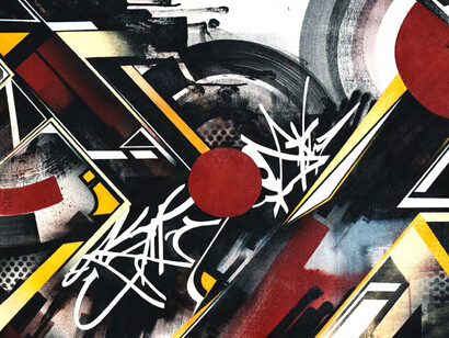 Ian Kuali’I, Phonetic Assassin - tribute to Rammellzee - mixed media on canvas, 100 x 100 cm