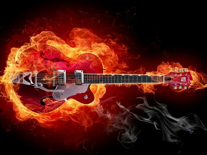 Una guitarra eléctrica en llamas