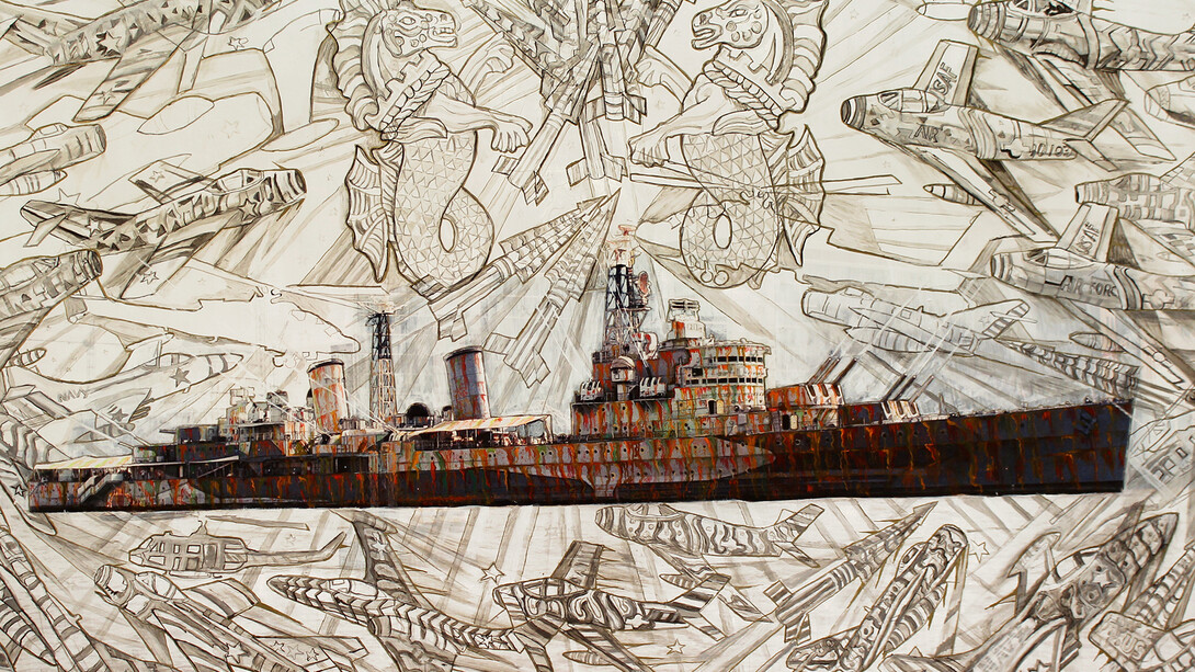 Hew Locke, HMS Belfast, 2012, painted photograph, 127 x 188 cm © the artist, photograph by Charles Robinson