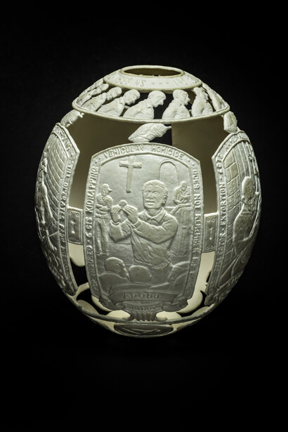 Gil Batle, 2014. Chrysalis. Carved Ostrich Egg Shell. 6.5 x 5 x 5 in