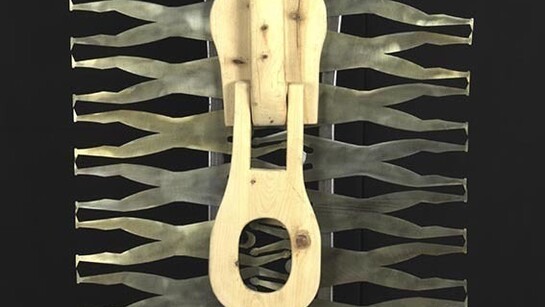 Ettore Saccà, Cerniera, 247 x 126 cm, dettaglio, mix media, acciaio, legno naturale, smalto, 2013