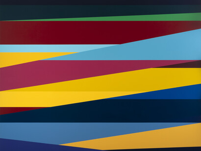 Odili Donald Odita, Promised Land, 2023. Acrylic on canvas, 70 x 90 x 2 inches. Courtesy of the artist and Berggruen Gallery