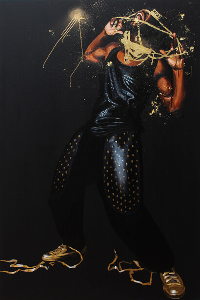 Fahamu Pecou, Eclosion, 2015, Acrylique, bombe et feuille d'or sur toile / Acrylic, spray paint and gold leaf on canvas, 152 x 122 cm © Fahamu Pecou, Courtesy Backslash Gallery, Paris