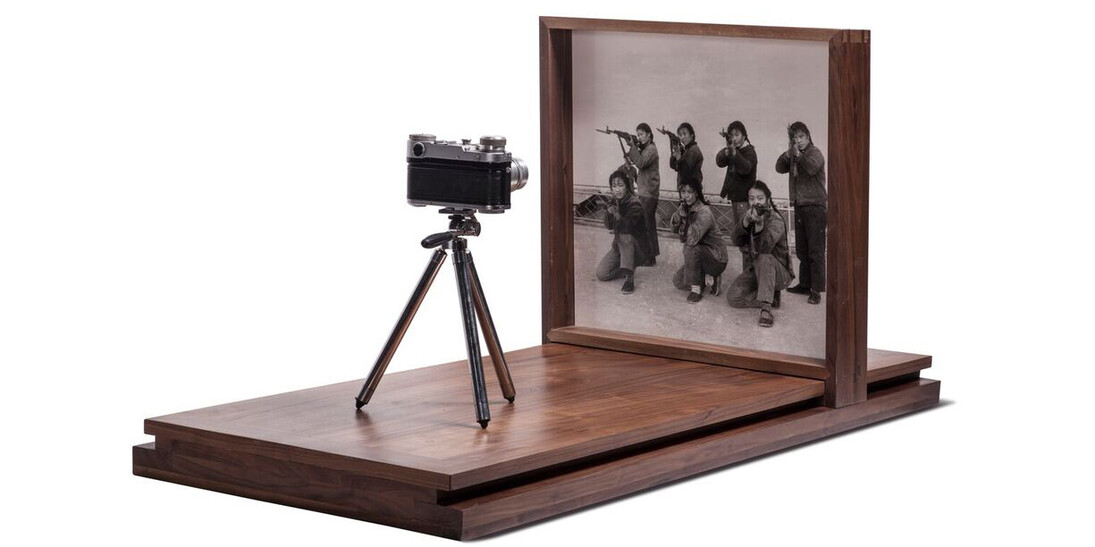 Cai Dongdong Aiming at the Camera, 2017 Gelatin silver print, camera, wood47 1/4 x 22 1/16 x 19 11/16 inches (120 × 56 × 50 cm) 2 of 3© Cai Dongdong, courtesy Klein Sun Gallery