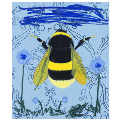 Adam Umbach, Bee Scene (Light Blue), 2023, oil, enamel, paint pen, and oil stick on canvas, 24x20 inches. Courtesy of the artist and Cavalier Gallery