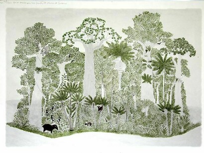 Abel Rodríguez (b. 1941). Ciclo anual del bosque de la vega (Seasonal changes in the flooded rainforest), 2009-10. Ink and watercolor over digital print on paper. 1 of 12 drawings. Courtesy of Tropenbos International, Colombia.