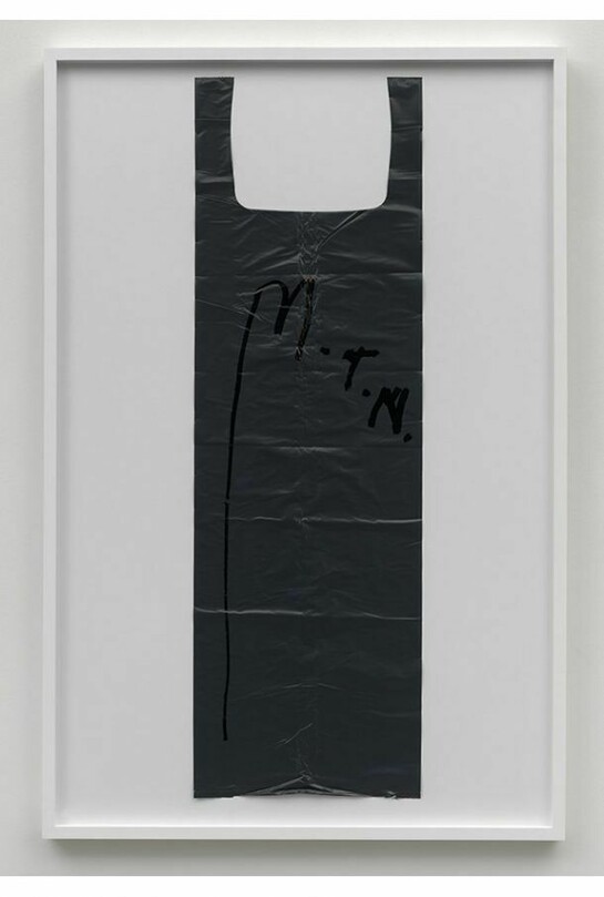 Matias Falbkken, Untitled (Garbage Bag Grey #5), 2010, Marker pen on grey plastic bag / framed, Framed (134.4 x 88.2 x 4.5 cm), Courtesy of Simon Lee Gallery