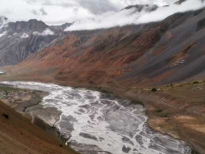 The Indus flows through the Ladakh region in northern India, carving deep gorges and valleys