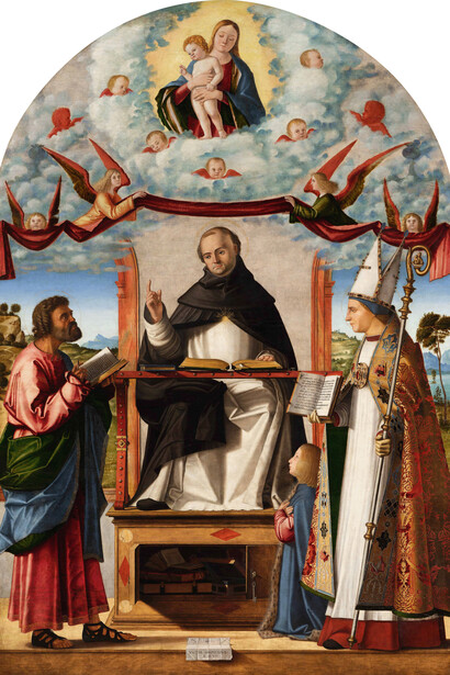 Vittore Carpaccio, Der heilige Thomas von Aquin mit den Heiligen Markus und Ludwig von Toulouse (Pala Dragan), 1507. Courtesy of Staatsgalerie Stuttgart