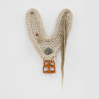 Tanya Aguiñiga, La constelación de nosotras, 2023. Stone from the Azusa River, stones from the LA River, low-fired terracotta, cotton, and flax, 25 x 17 in (63.5 x 43.2 cm). Courtesy of Shulamit Nazarian LA