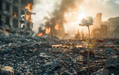 A single flower pushing through broken ground, reflecting hope in the aftermath of destruction
