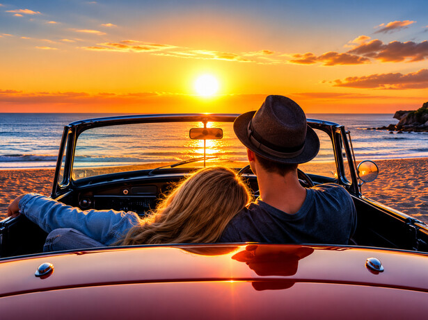 A couple relaxing in a convertible as the sun sets on the horizon, capturing a sense of freedom and togetherness