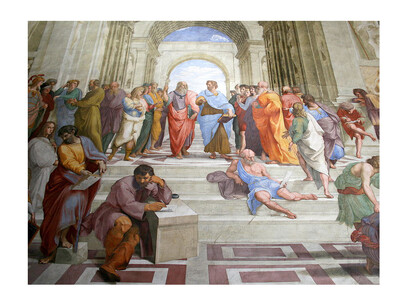 La Scuola di Atene, affresco di Raffaello Sanzio, (1509-1511), Musei Vaticani, Città del Vaticano, Italia. Particolare. C'era bisogno di un luogo in cui passeggiare, ritornare al rapporto con la Natura nello spettacolare giardino curato a disposizione