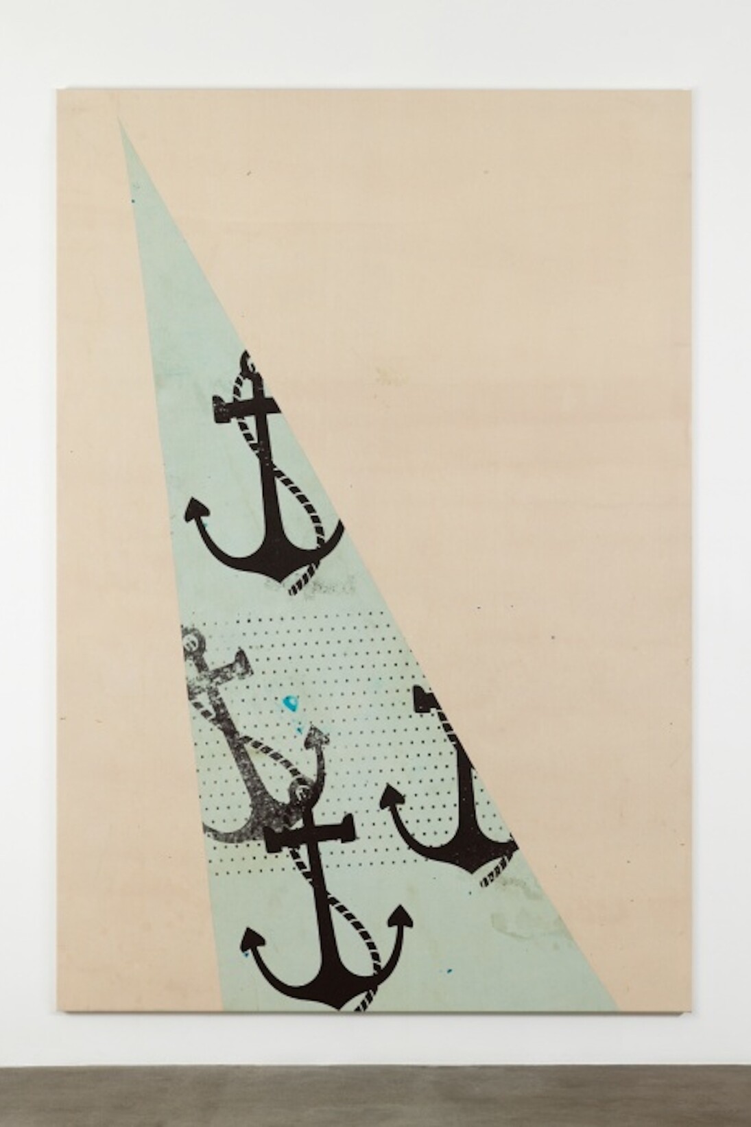 Untitled, 2016, Primer, spray paint, acrylic, white spirit, cotton canvas on wooden stretcher
117 5/16 x 80 3/4 x 1 1/4 in (298 x 205 x 3.2 cm). Courtesy of Andrew Kreps Gallery