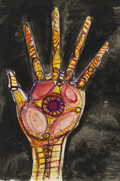 Robert Smithson, Hands Stigmata (detail), 1961.
Gouache on paper,
18 x 13 5/8 in. (45.7 x 34.6 cm).
Photo credit: Alex Yudzon
© Holt/Smithson Foundation /Licensed by Artists Rights Society, New York 
Courtesy Holt/Smithson Foundation and Marian Goodman Gallery