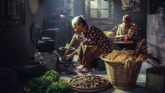 Preparing fresh herbs and natural ingredients in a traditional kitchen, representing the connection between nature and everyday wellness