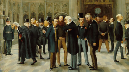 The lobby of the House of Commons. Oil on canvas, published in Vanity Fair Christmas Supplement 1886