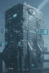 Edificio futuristico con un occhio gigante: questa immagine evoca la distopia dello Stato della sorveglianza e il controllo pervasivo che può essere associato al concetto di Stato condominiale, dove le istituzioni sono controllate dalle multinazionali e si praticano strategie al di fuori del contesto legale