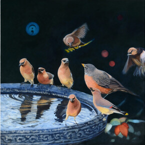 Diane Andrews Hall, Birdbath (Good News), 2021. Oil on wood, 20 x 20 in. Courtesy of the artist and Rena Bransten Gallery