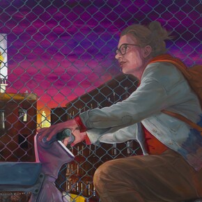 Rebecca Ness,
Crossing Manhattan Bridge (detail), 2023-2024,
Oil and oil pastel on linen,
100 x 70 inches / 254 x 177.8 cm. Courtesy of the artist and Jessica Silverman Gallery