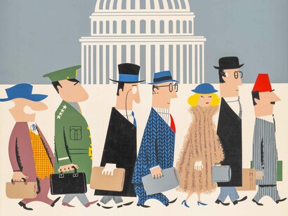 A poster portraying the different agents that have been corrupted to spread disinformation as they march away from the US Congress