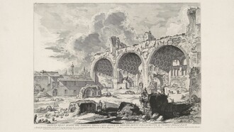 "Veduta degli avanzi del tablino della casa di Nerone" da questo edificio venne estratta la colonna che papa Paolo V fece portare in piazza Santa Maria Maggiore. Disegno a opera di Giovan Battista Piranesi, metà Settecento