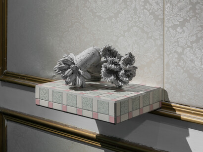 Zhang Ruyi,
Modern Fossil (Pipe)-3, 2022,
Wood panel, metal, concrete, fishhook, mosaic tiles,
33.5 × 27 × 21 cm,
13 × 11 × 8 in.
© Zhang Ruyi.
Courtesy the artist.
Photo: Yang Hao