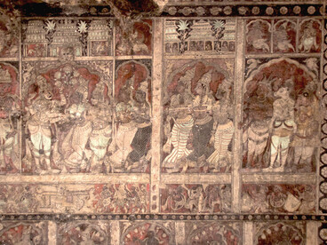 This image shows the Vijayanagara-era ceiling paintings in the mantapa of the Virupaksha Temple, photographed by me during my visit to Hampi, a UNESCO World Heritage Site in Karnataka’s Bellary district, India