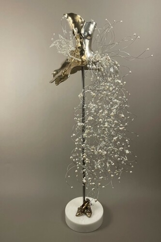 Estella Fransbergen, EF 22304, bronze, one sided with high polish and silver rub; pearls - european crystals -shoes with white round marble base, 40x16x16 in