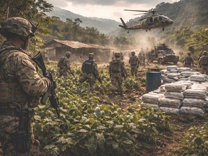 Security forces conduct a counter narcotics operation in a rural Latin American region illustrating the militarized approach to drug eradication
